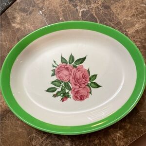 Vintage Shenango China Oval Platter Green Rim Pink Roses Restaurant Ware USA